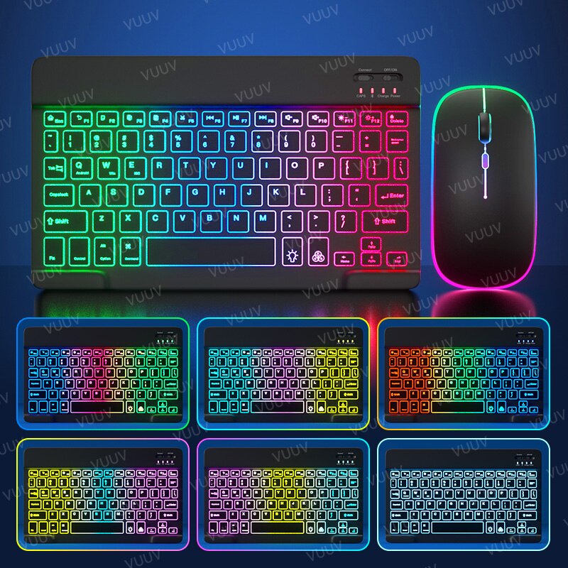 Bluetooth-compatible iPad Keyboard Mouse For iPad Pro 11 12.9 Air 4 7th 8th Rainbow Backlit Wireless Tablet Keyboard For Android: Rainbow Black