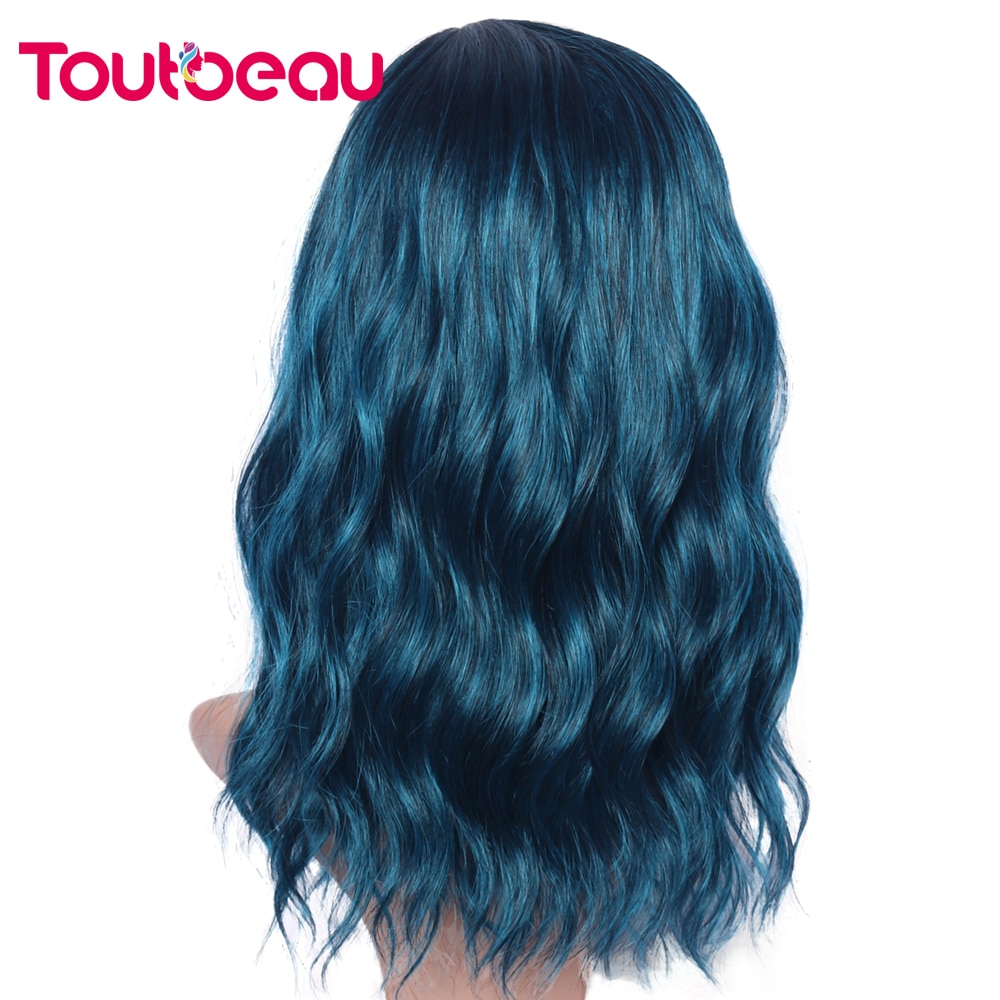 Blue Wigs Medium Length Curly Wigs 16inch Mix-Blue Side Part Wigs Synthetic Wavy Wig Costume Cosplay Wig Heat Resistant Fiber