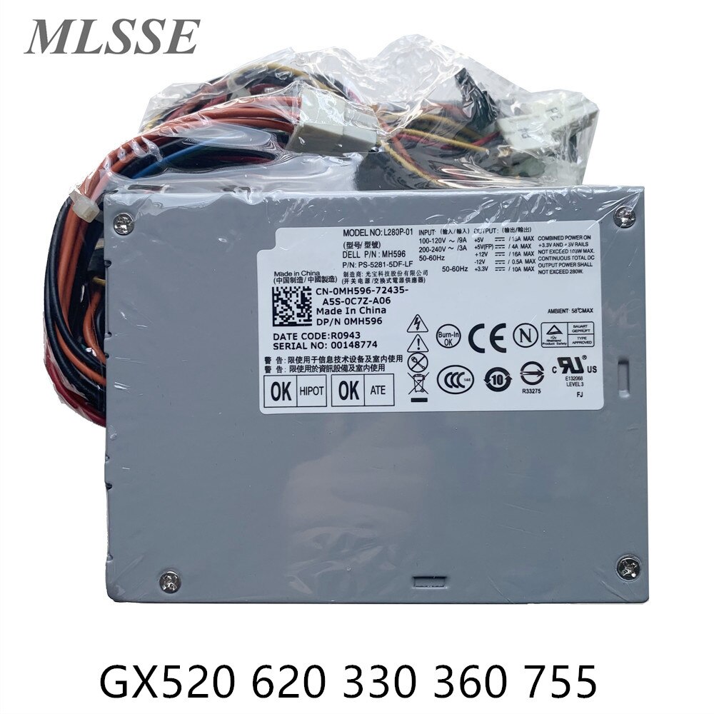 For DELL OptiPlex GX520 620 330 360 755 Power Supply 280W H280P-00 H280P-01 L280P-00 L280P-01 0MC638 24+4+4PIN Fast ship