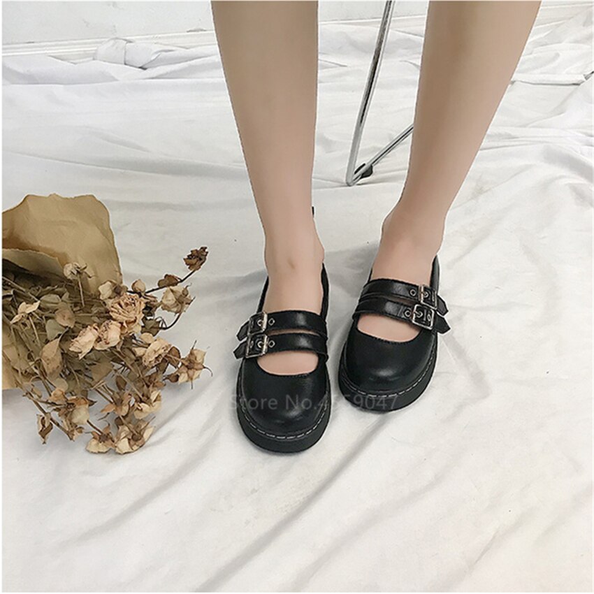 Style japonais Kawaii Lolita chaussures noir gothique filles femmes fantaisie bout rond amovible bande ceinture fond épais étudiant chaussures