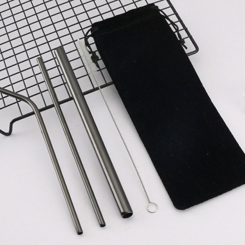 5PCS Reusable Metal Straw Eco Friendly 304 Stainless Steel Straw Cleaning Brush Pink Drinking Straws Bubble Tea Bag Pouch Set: Black