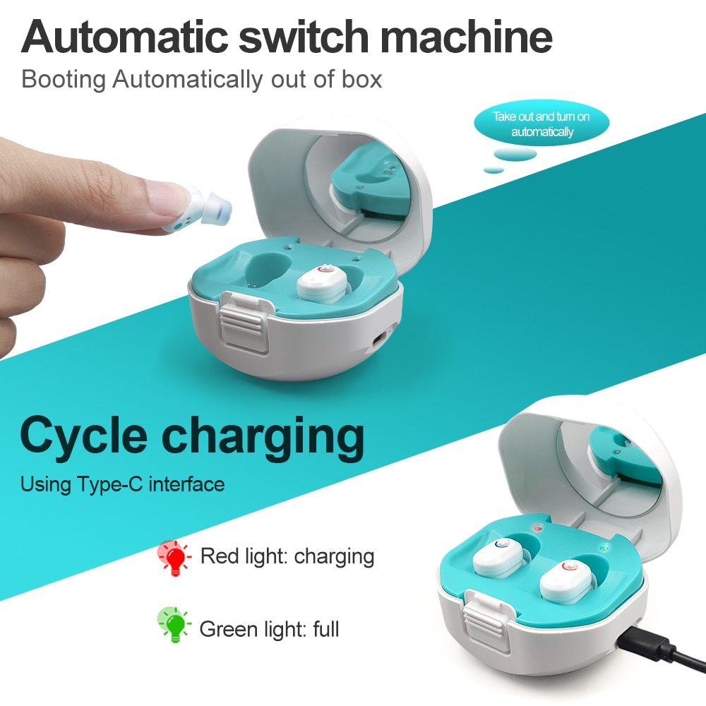 Novo estilo inteligente aparelhos auditivos recarregável mini invisível aparelho auditivo novo modelo amplificador de som ajustável para idosos surdos