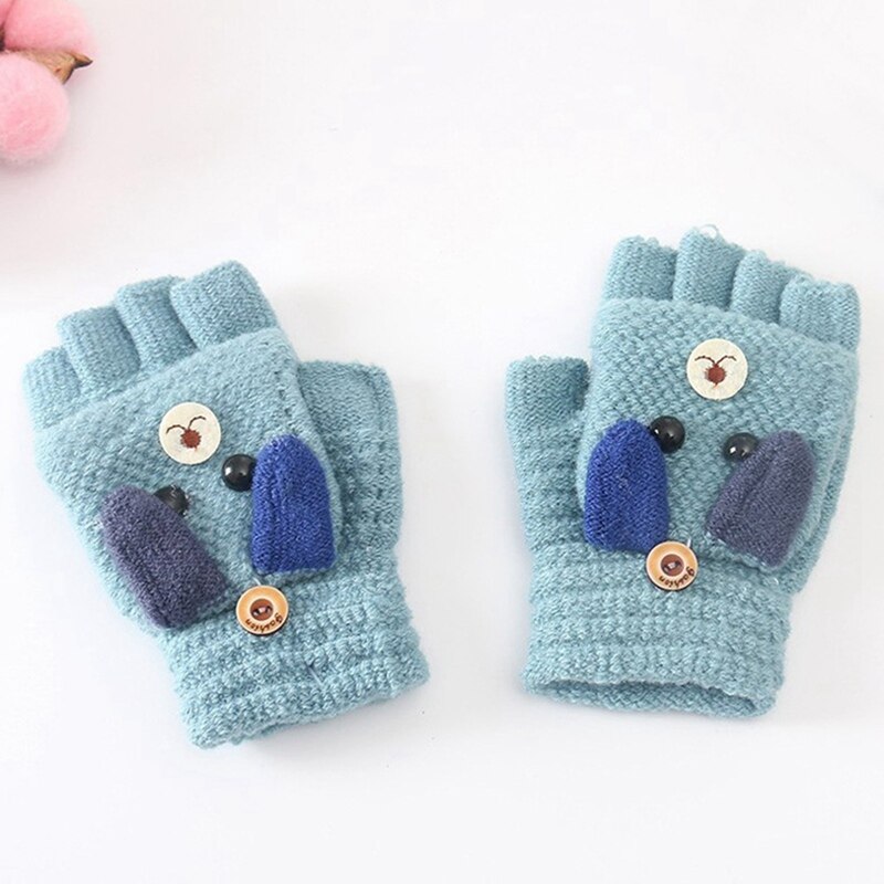 Winter Warm Childrens Gloves Student Kids Cashmere Knitted Flip Half Finger Gloves Girl Boy Cute Cartoon Puppy Crochet Mitten