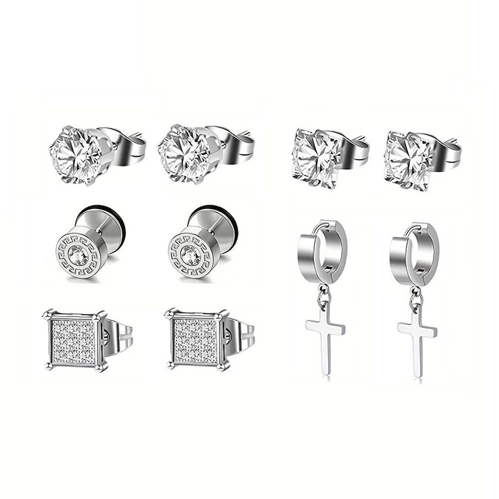 15 paar roestvrijstalen oorbellen met kruisvormige hangers en scharnieren, oorbellen met zirkonia steentjes voor mannen, oorpiercing sieraden