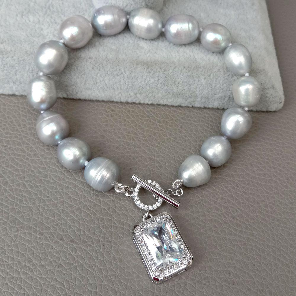 Y·YING 8'' natural Freshwater Gray Rice Pearl Bracelet rectangle Cubic Zirconia pave silver color plated Toggle Clasp classic