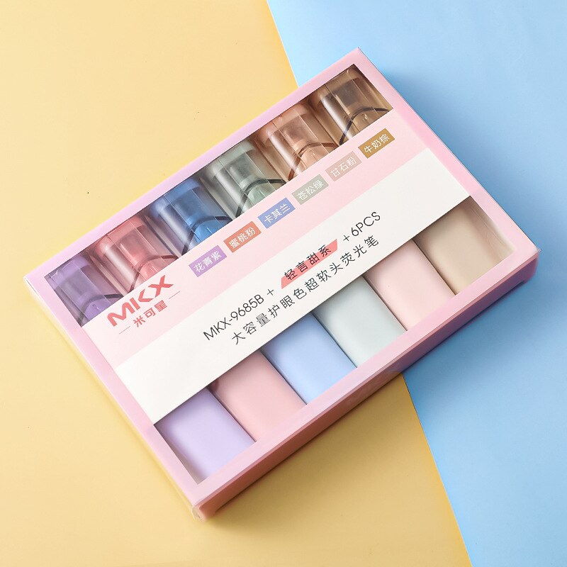 Stylos de papeterie Kawaii, 6 pièces, surligneur, sous-brayadores Fluorescentes, pour étudiants, grandes étiquettes de peinture, tête souple, fournitures de bureau: B