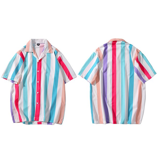 Miesten havaijilainen paita hip hop paita streetwear valkoinen sininen punainen raita paita harajuku rantapaita kesä topit lyhythihainen: A07 xq 103 sinistä / Aasialainen l