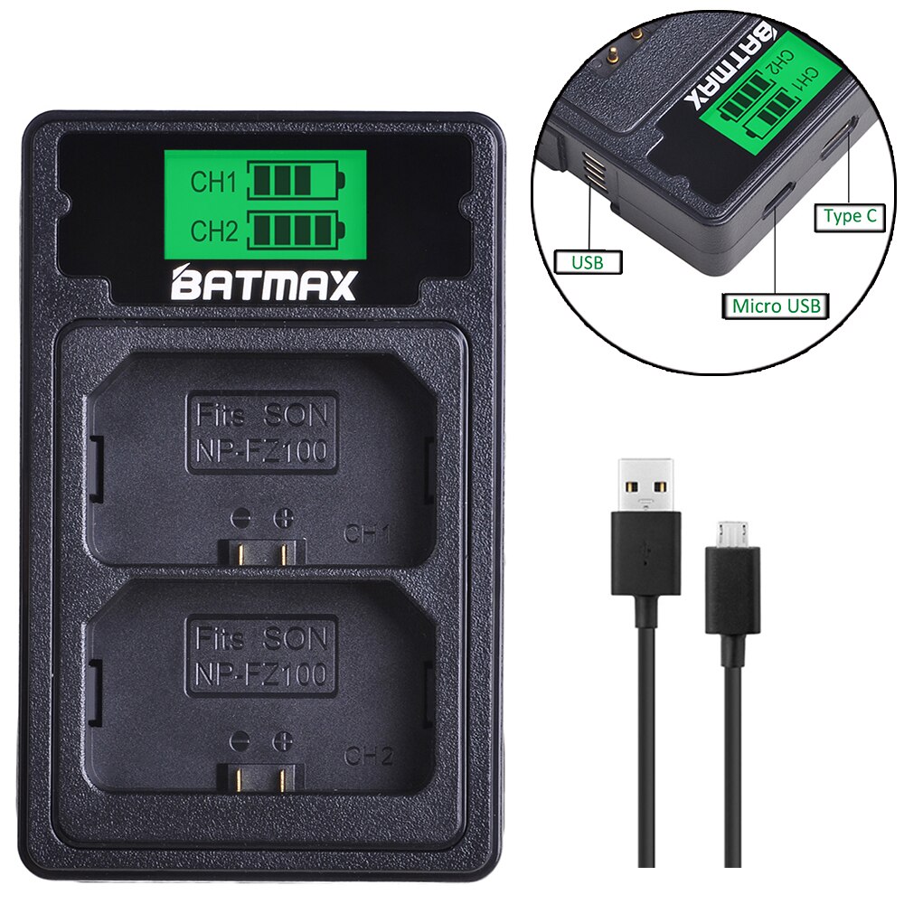 Bateria 2x2280mah para sony, carregador usb duplo com lcd e entrada usb tipo c para sony a9, a7riii, a7r3