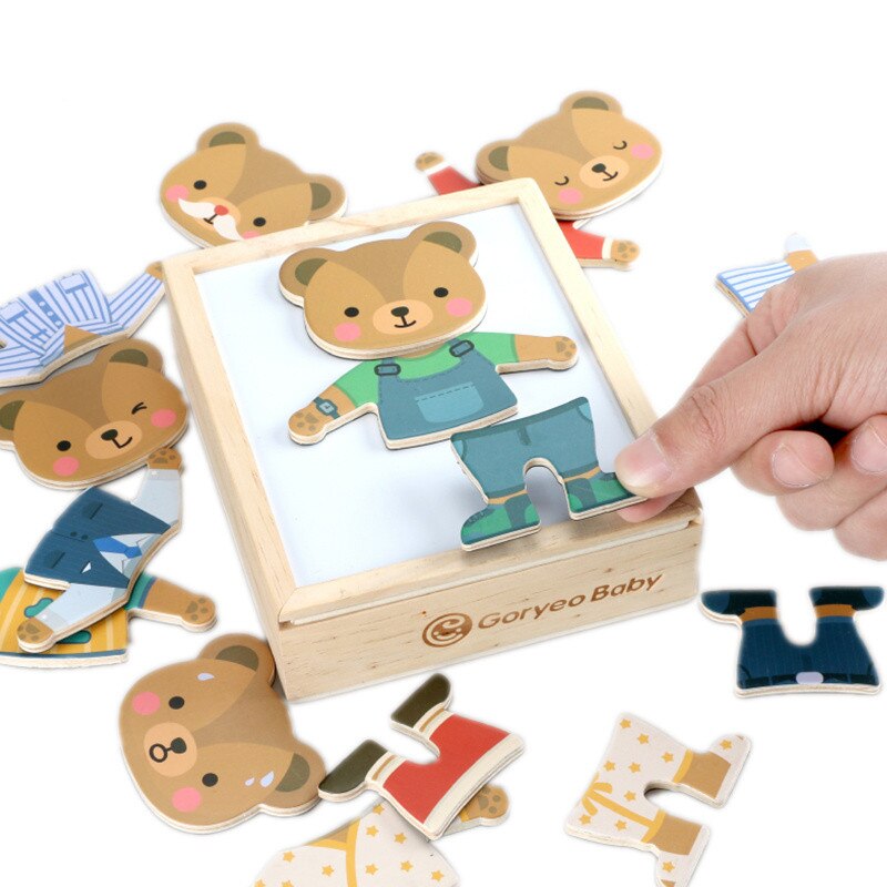 Baby Speelgoed 6 Kleding Magnetische Puzzels Beer/Beroep Jurk Veranderen Houten Speelgoed Voor Kinderen Dressing Jigsaw Doos Educatief