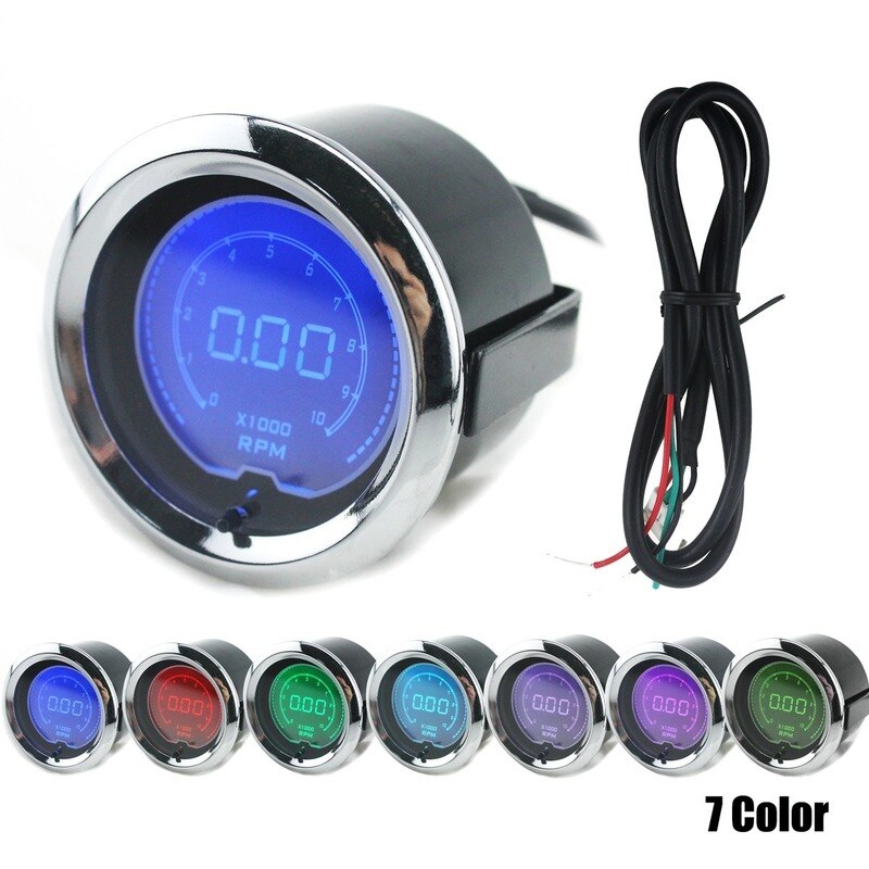 12V 2''52MM Universal LCD Digital 7 Color Backlight Display Tachometer 0-10000 RPM Gauge /Car Motor Gauge 2 inch tachometer
