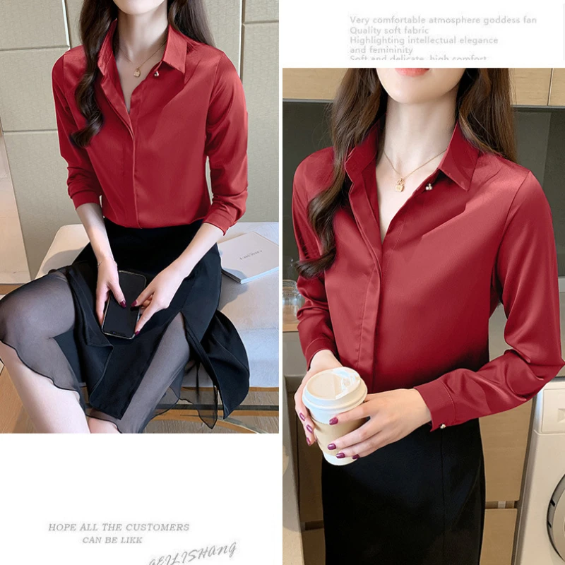 Camicie da donna in raso camicetta elegante per donna camicia a maniche lunghe camicia rossa in seta OL camicette da donna superiore da donna 2024 abbigliamento femminile