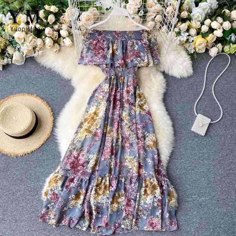 Yuoomuoo Bohemian Zomer Off Shoulder Bloemenprint Jurk Vrouwen Elegante Ruches Chiffon Lange Jurk Boho Mode Strand Jurk: Blauw