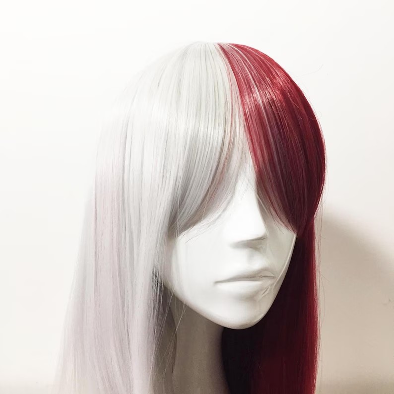 Unisex Half Red Half White Two Tone Long Straight Synthetic Hair Cosplay Wig