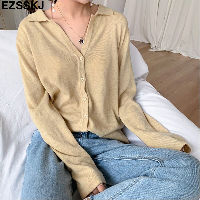 Casual kvinner genser turn-down krage strikket cardigan langermet løs vårgenser cardigan kvinnelig basic jakke: Khaki