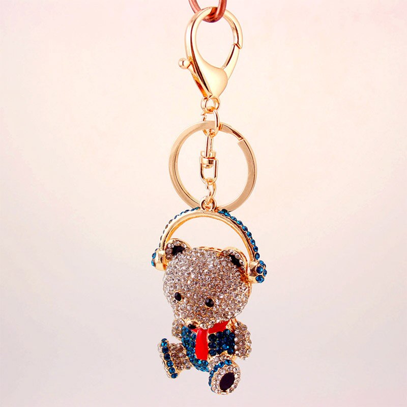 Krystal nøglering sød dyrebjørn med øretelefon nøgleringe holder pung taske vedhæng nøgleringe bil smykker