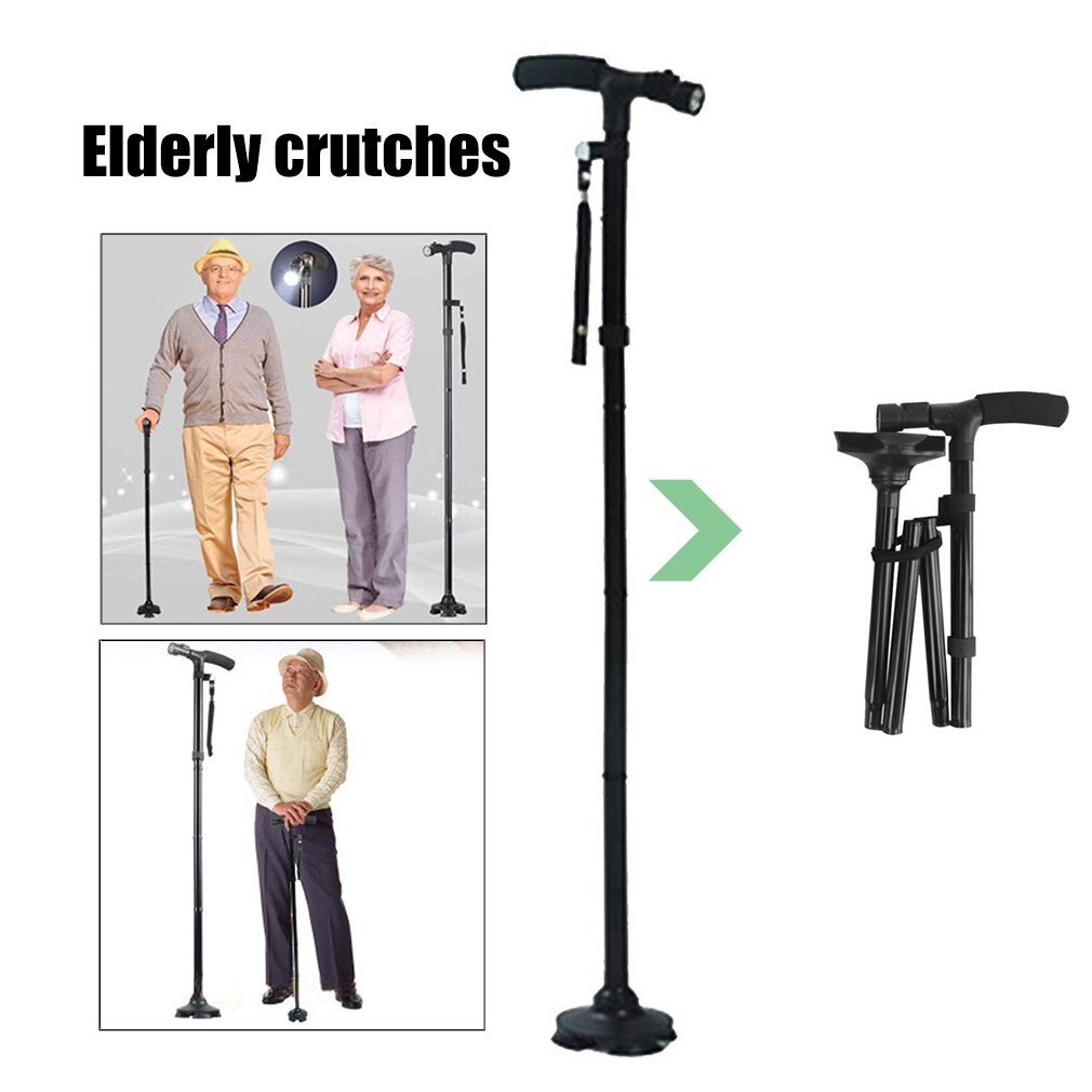 Magic Cane Folding LED Light Safety Walking Stick 4 Head Pivoting Trusty Base For Old Man T Handlebar Trekking Poles Cane