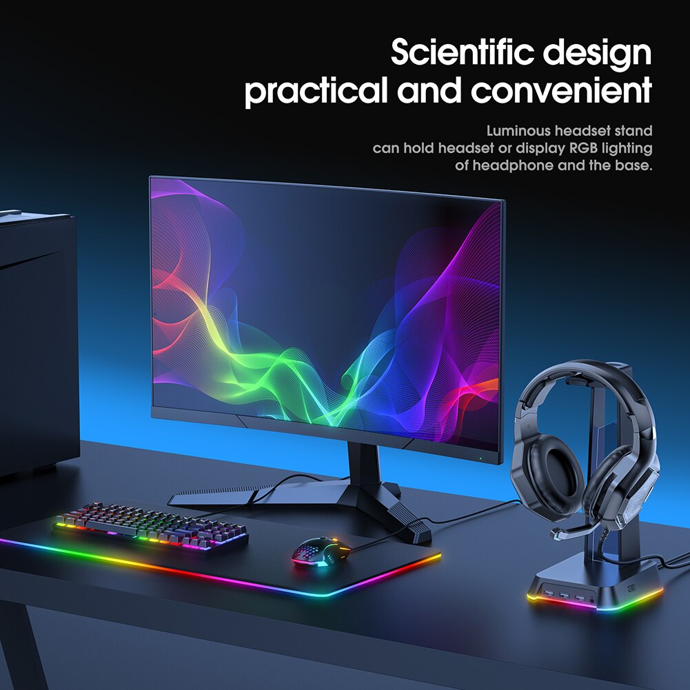 ST2 RGB Gaming Headset Holder RGB Gamer Headphone Stand w/ 2 USB Charger Ports for PC Display Support Desk Dual Hanger