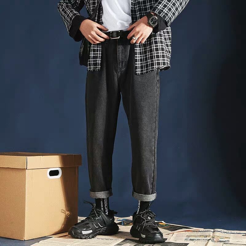 Vår sommar lediga lösa jeans herr retro koreanska trendiga studenter raka enfärgade breda ben casual cropped jeans