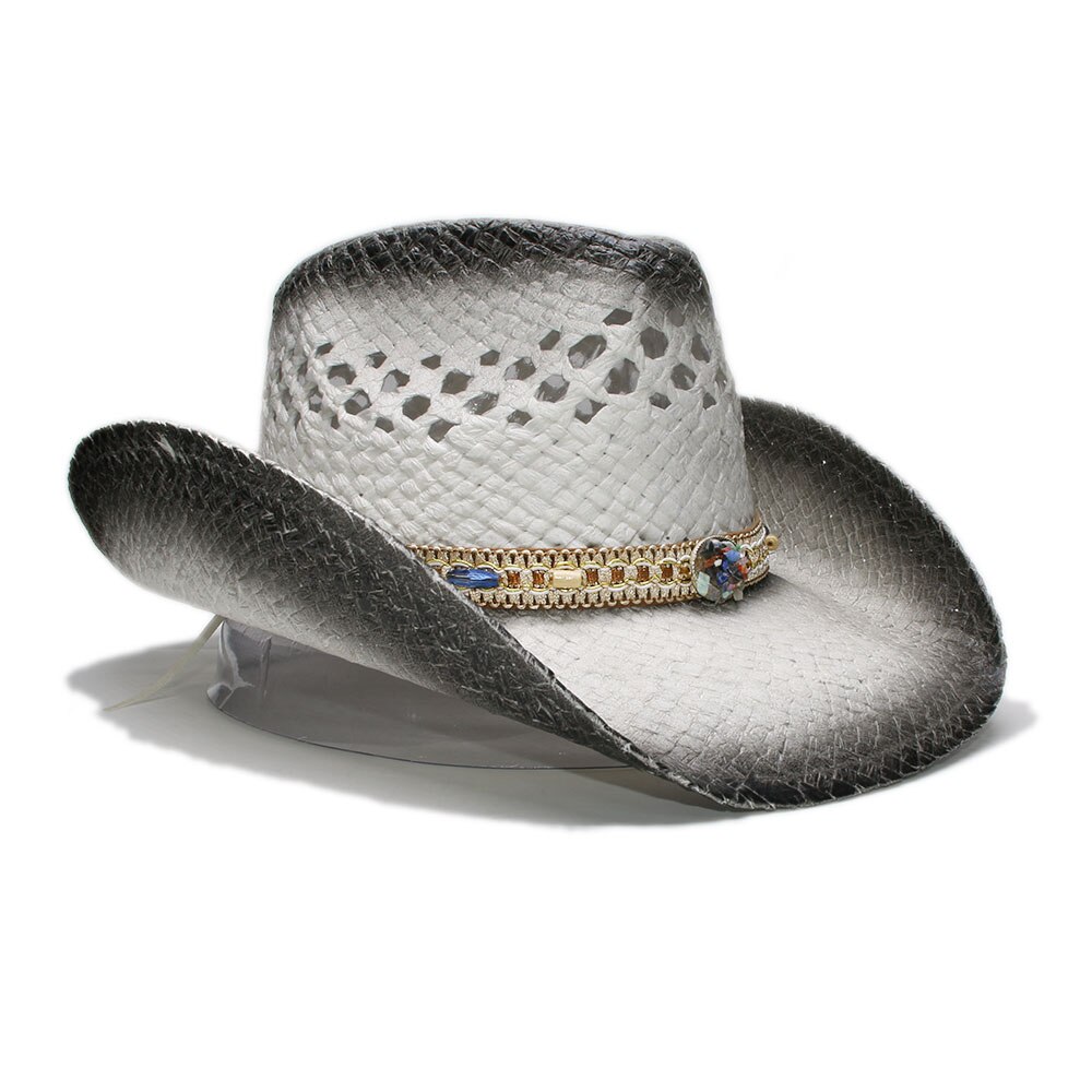Sombrero de rafia estilo bohemio para mujer, sombrero de paja de rafia con ala ancha hueca para playa, vaquero, vaquera, banda de punto de piedra en color negro (58cm)