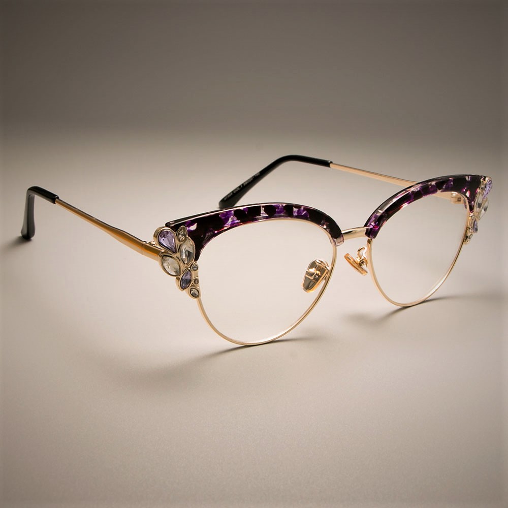 45120 Monturas de gafas ópticas de lujo con forma de ojo de gato para mujer, gafas con diamantes de imitación brillantes: Morado