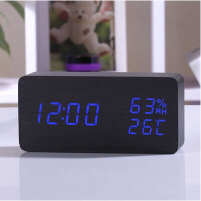 FiBiSonic Holz holz LED Wecker, Despertador Temperatur Feuchtigkeit Elektronische Schreibtisch Digitale Tabelle Uhren: Schwarz Blau