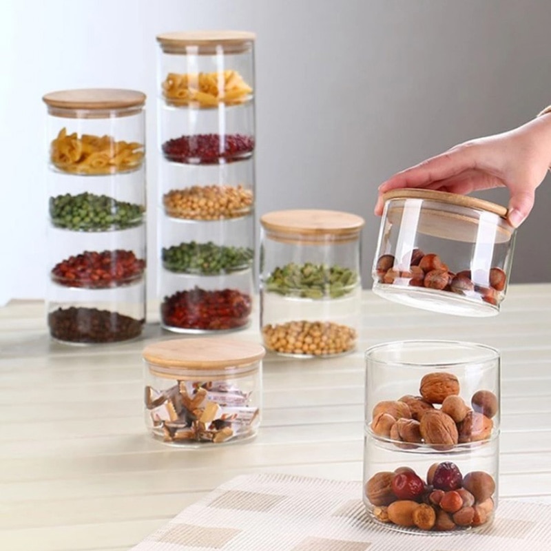 Stackable glass canisters set food storage jar containers with airtight seal bamboo lid