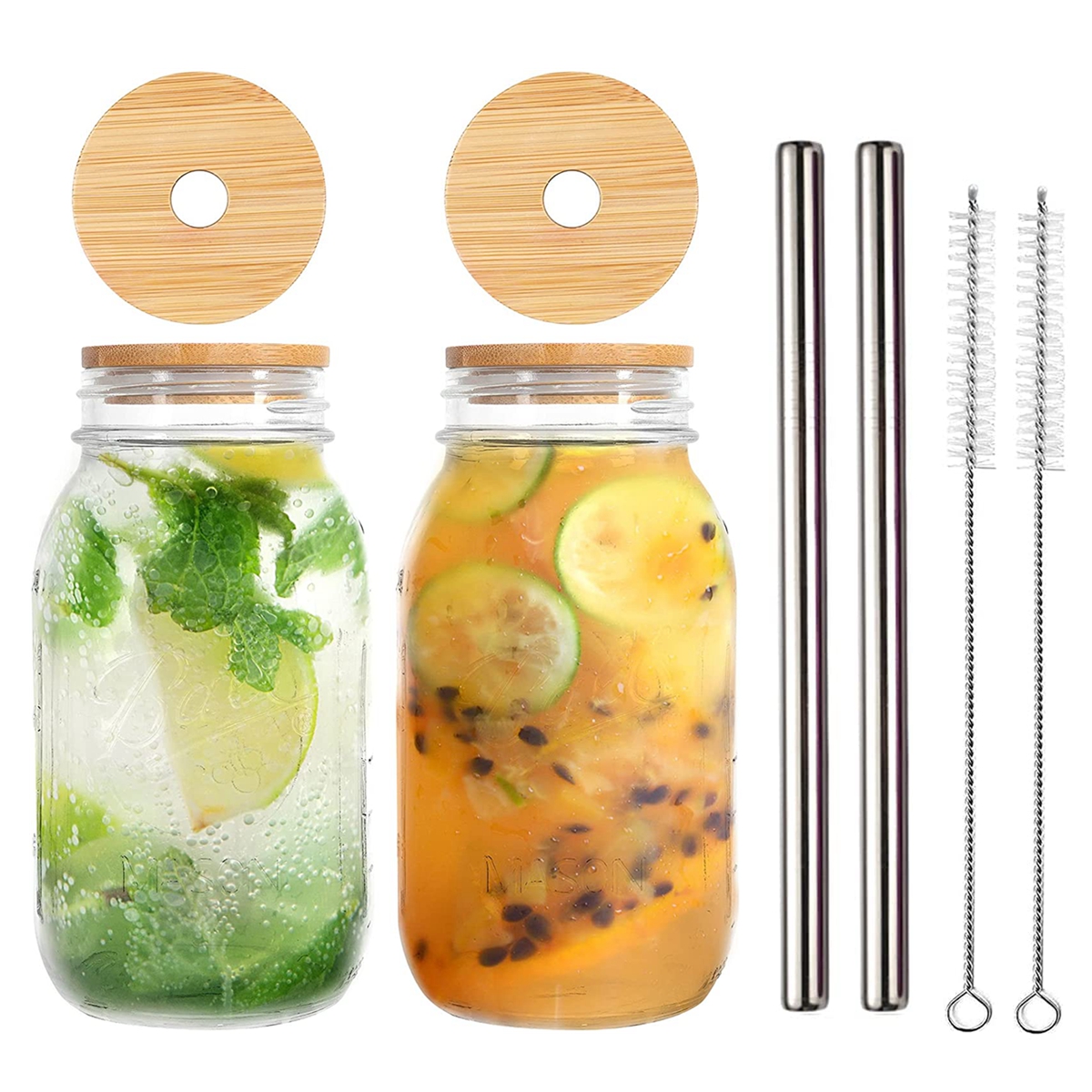 2Pcs Mason Jars with Lids and Straws 600/800ml Mason Jar Drinking Glasses for Bubble Tea Boba Milkshake Jam Juices Drinkware: 800ml Silver Straws