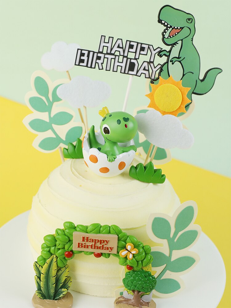 Söt äggskal dinosaurie tecknad baby dekoration lövsnöre archetree cake topper för barn födelsedagsfest tillbehör bakning