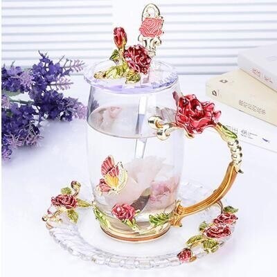 Rose Blossom En Strass Versierd Emaille Koffie Cup Beker Bloem Thee Glas Melk Cups Legering Handgreep Kopjes En Mokken: H