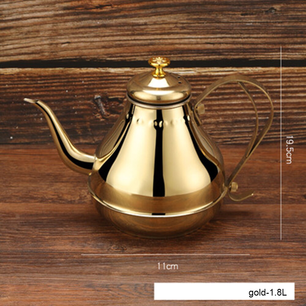 1.2/1.8l rustfritt stål langmunn tekanne kaffekanne vannkoker med tebladinfuser filter kaffetrakter stor kapasitet tekanne: Gull -1.8l