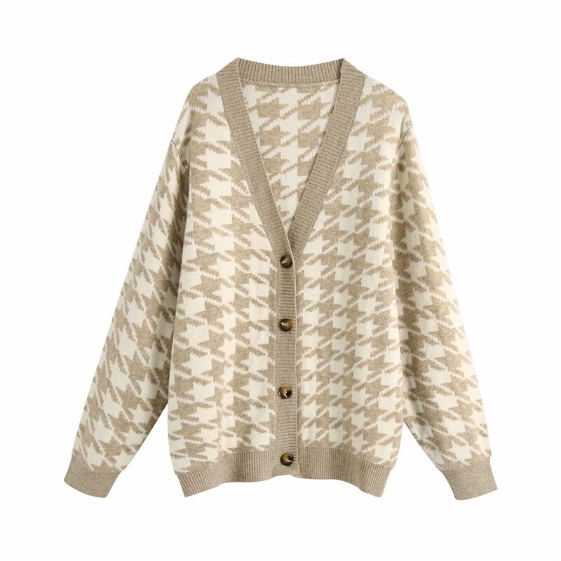 Evfer-cardigan pied de poule pour femmes, pull tricoté noir, pull à carreaux Chic, col en v, à manches longues, automne décontracté