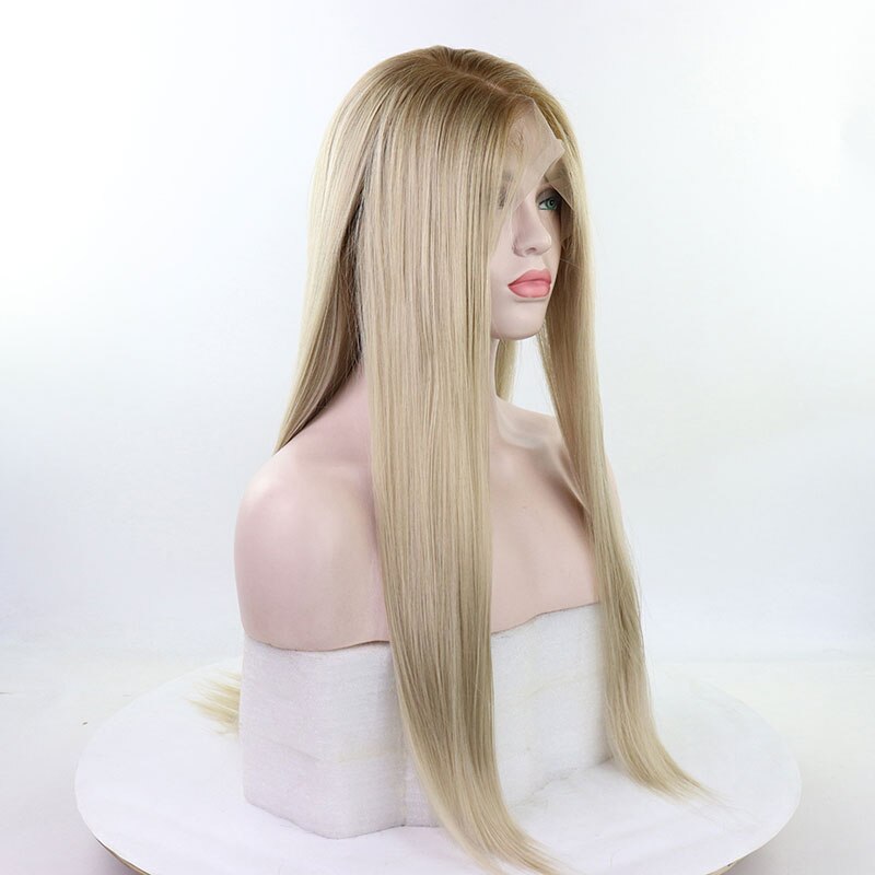 Bombshell lige syntetisk blonde front paryk brune rødder ombre lys blond varmebestandig fiber hår sideskilning til kvinder parykker