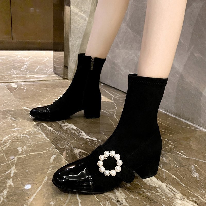 Boots Ladies Woman Round Toe Platform Flats Pearl Short Boots For Women Fabric Stretch Ankle Boot Low Heel