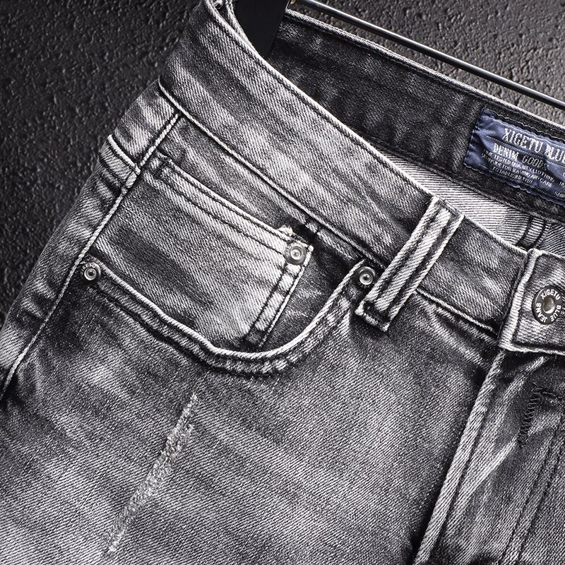 Pantalones vaqueros rasgados de para hombre, Jeans Retro grises elásticos, ajustados, rasgados, rasgados, Vintage, informales