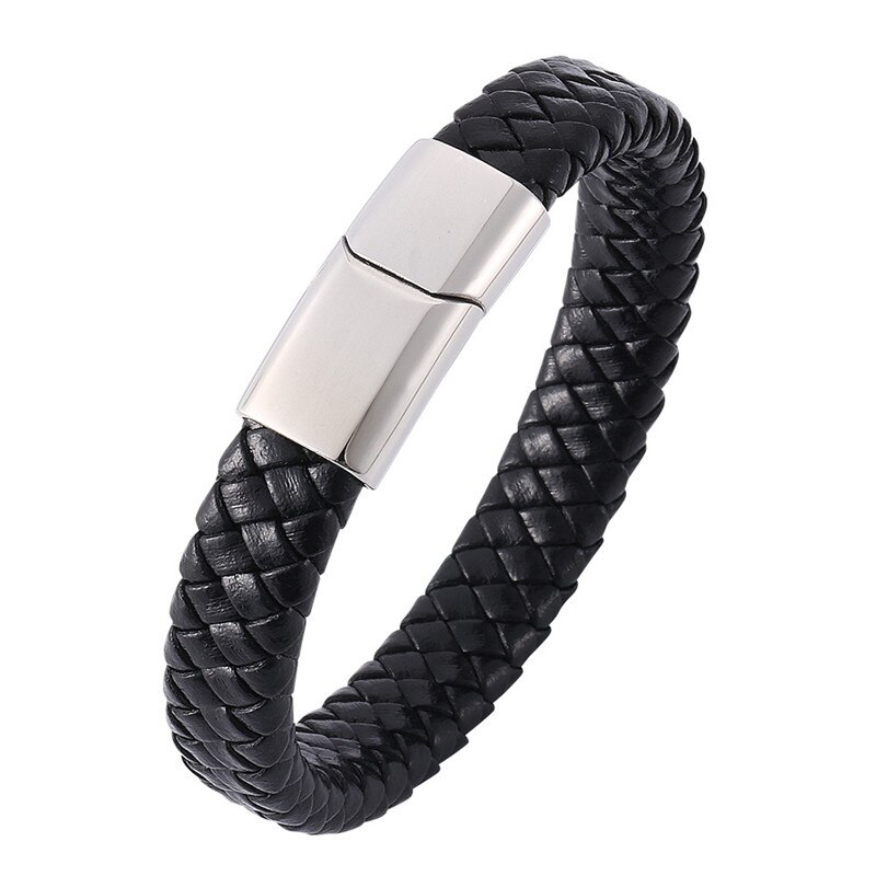 Punk gevlochten leren armband voor heren, handgemaakt in zilverkleur, roestvrij staal, armband met magnetische sluiting, herensieraden: Default Title