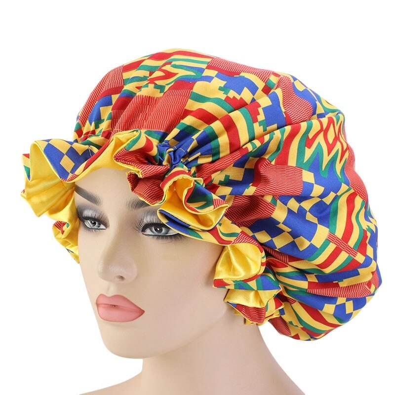 Extra grande taille cheveux casquettes modèle africain Satin Bonnet grande vague bord nuit sommeil casquette femmes fleur Turban outil de coiffure: Jaune
