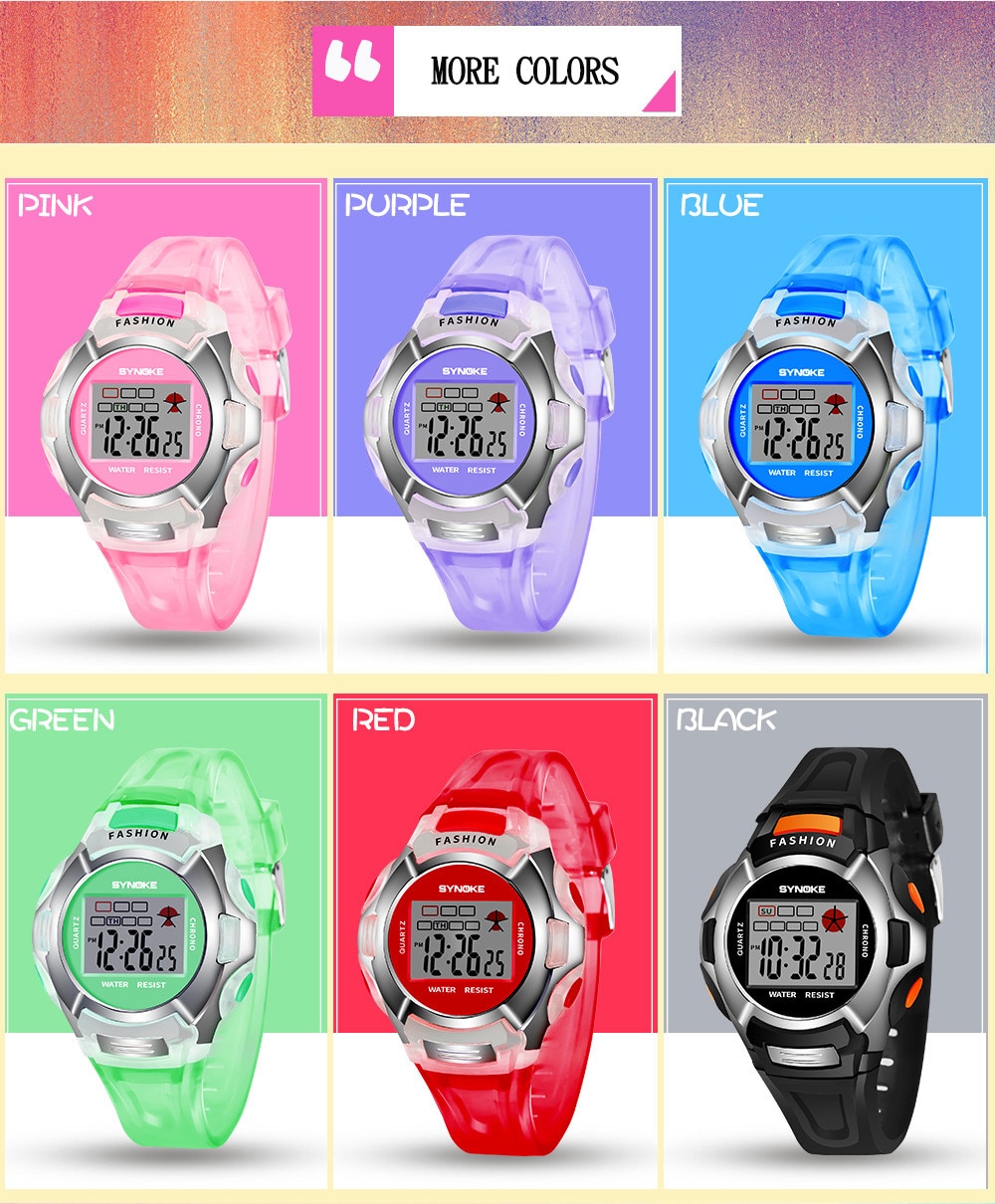 Synoke Kinderen Jongens Student Waterdichte Sport Horloge Led Digital Date Horloge Multifunctionele Mode Klokken