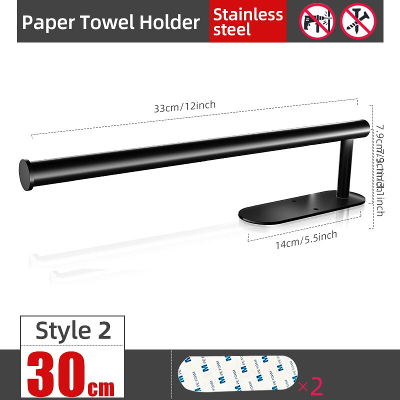 Toalettholder selvklebende veggmontert toalettpapirhåndkleholdere baderomshylletilbehør kjøkkenrullpapirstativ: 30cm svarte