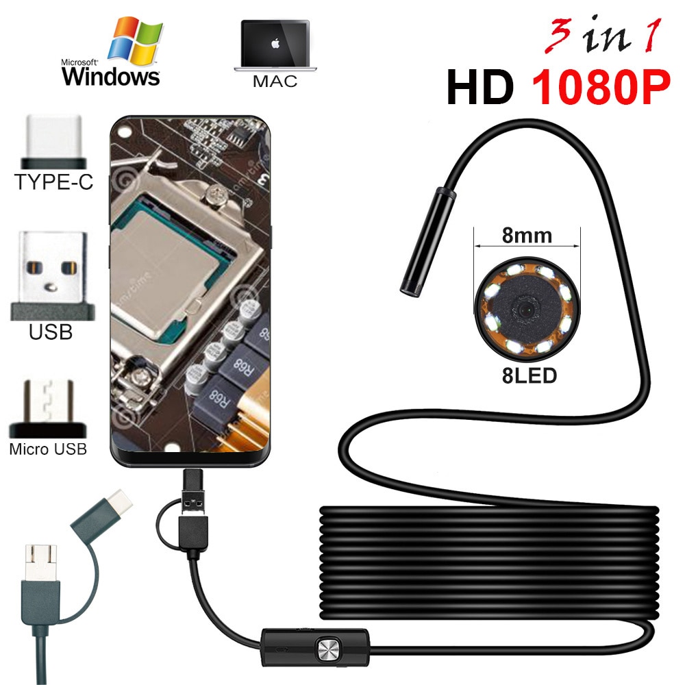 HD 1080 p Endoscoop Camera MicroUsb Type-C Android Smartphone 2 M 5 M Hard Flexibele Draad 8mm endoscopie Camera Inspectie
