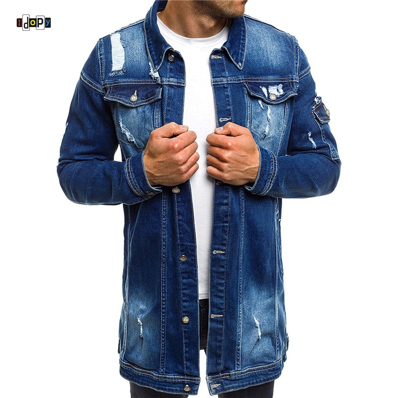Idopy herre denim jakke bomber jakke long street vintage biker slim fit nødlidende hul rippet cowboy mandlige jean jakke og frakke