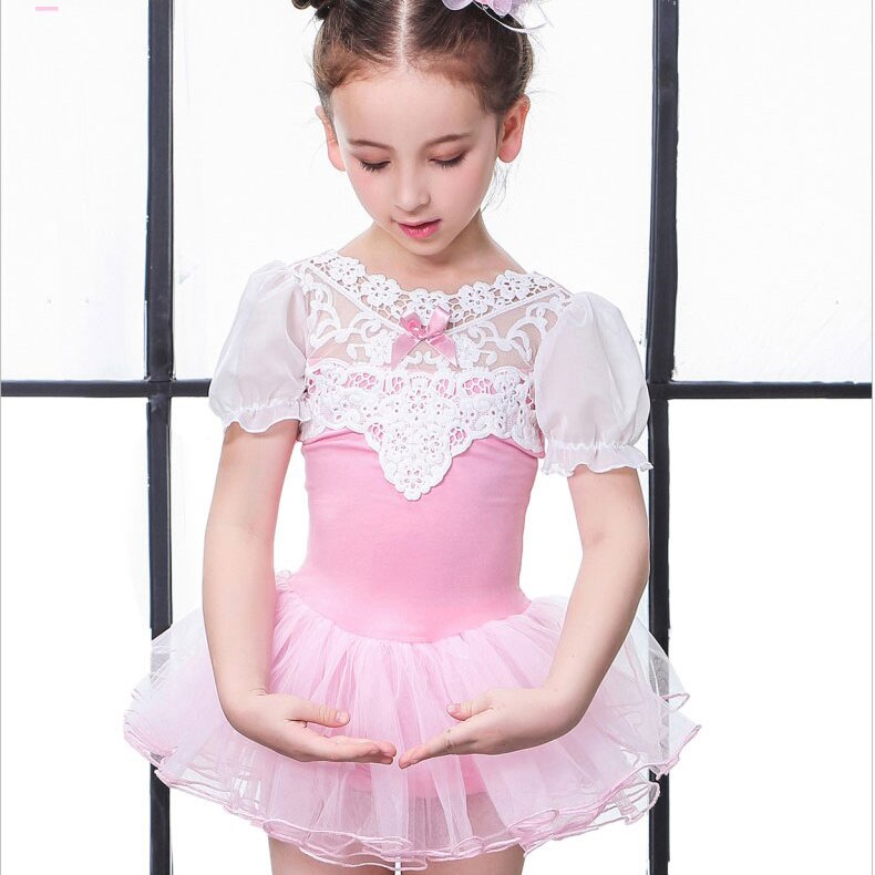 Ballet trikot ballet kjole piger ballet kostumer puf kortærmet ballet kjole til børn blonde trikot gymnastik trikot: Lyserød / Xl