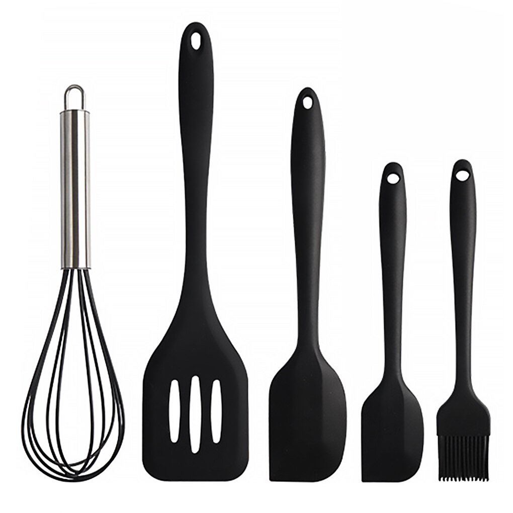 5pcs Kitchen Ware Set Silicone Scraper Oil Brush Egg Whisk Spatula Cooking Utensil Multipurpose Kitchen Cake Tool Set: black