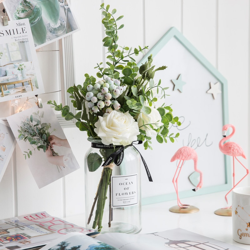 Miz Artificial Flowers for Wedding Vases for Flowers Home Decor Artificial Flower Bouquet with Vase Wedding Table Decoration