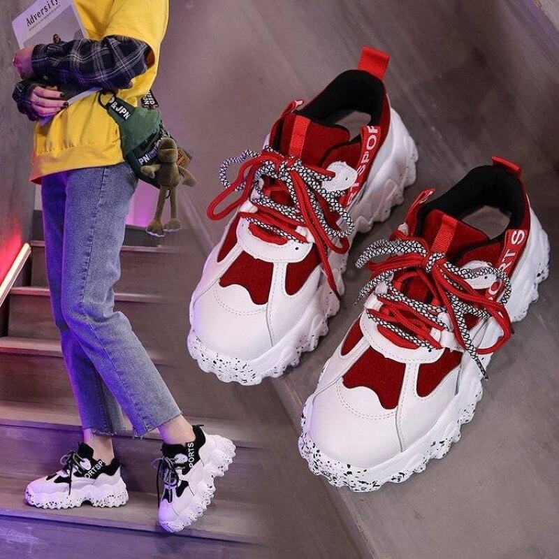 Damskie buty sportowe superfine fibre daddy shoes ins grube dno babeczki 5 kolorów opcjonalne buty do biegania z nadrukiem rozlanego atramentu trampki