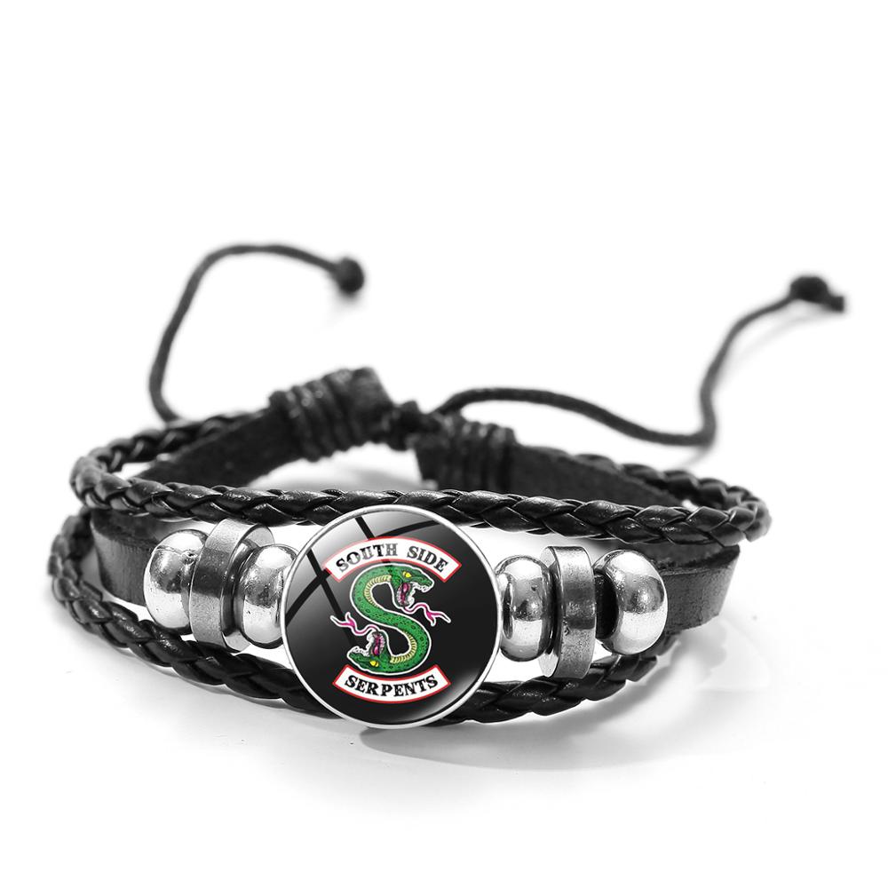 Pulsera de cuero de las serpientes del lado sur de SIAN, pulsera clásica de TV con botón de cristal, brazalete Punk de pulsera negra para hombres y mujeres: Style 1