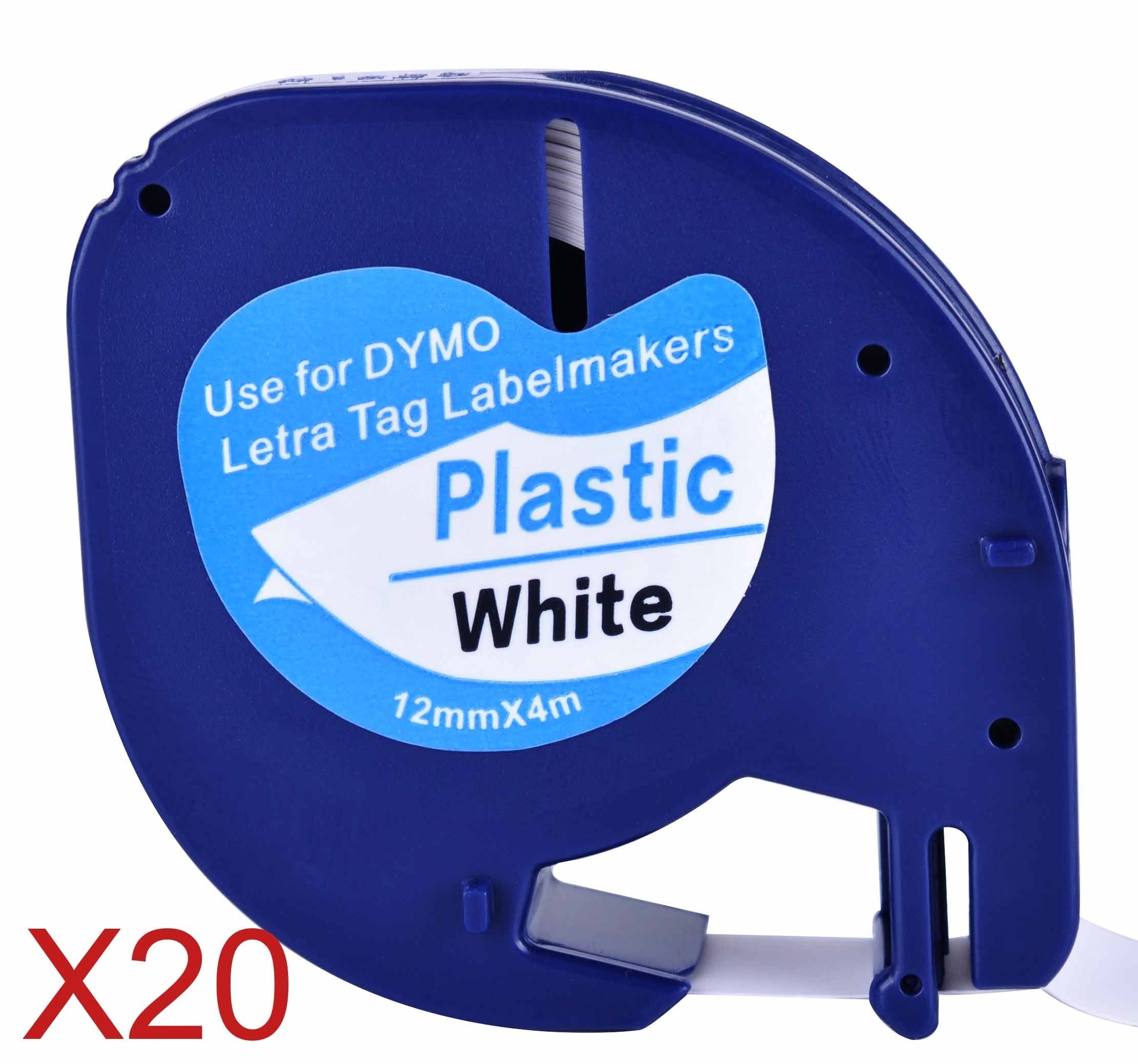 20 kompatible dymo letratag 91201 sort på hvidt  (12mm x 4m)  plastiketikettape til lt -100h,  lt -100t,  lt -110t, qx 50,  xr, xm,