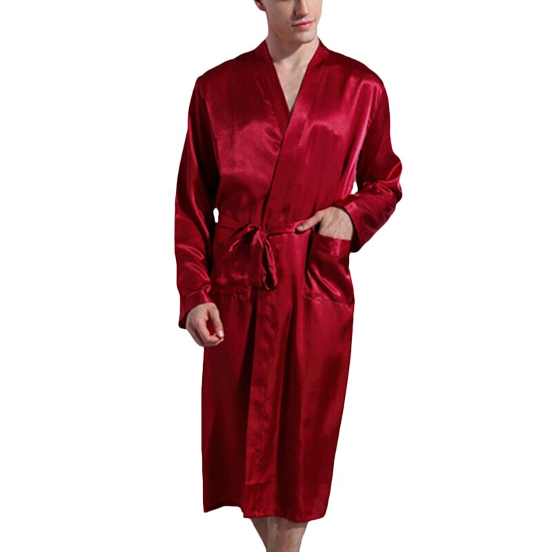Satin Silk Robes Men Solid with Belt Men's Bathrobe Male Robes Pocket Men Clothing Loungewear Sleepwear Kimono Men Bathrobes: red / S