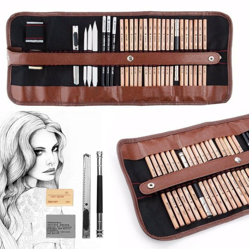 Marley 29 pcs Esboço Profissional & Ferramenta de Desenho de Arte Grafite Knif Caneta Apagável Caneta, Lápis, com o Ofício De Papel do Carvão Vegetal Lápis T6J6
