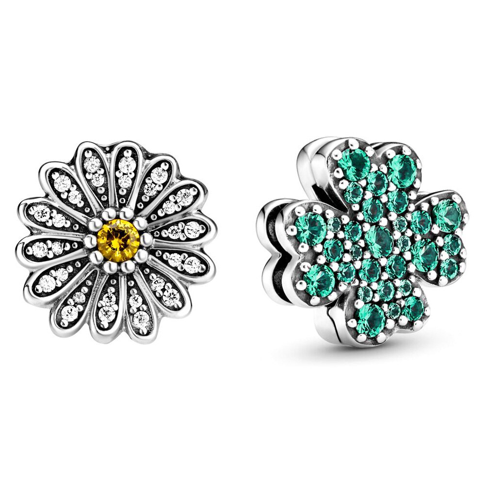 Nuovo 100% argento Sterling 925 primavera fiore margherita pavimenta quadrifoglio Clip fascino misura gioielli fai da te donne braccialetto originale
