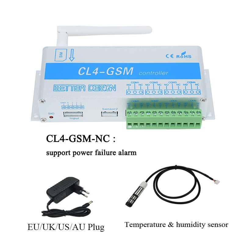 Télécommande GSM SMS 4 canaux, commutateur relais CL4-GSM, prise en charge de la température et de l&#39;humidité, alarme: NC with TH snesor